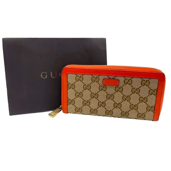 Auth Gucci GG Canvas Leather Brown Orange Long Wallet W/Paper Bag - Picture 1 of 12